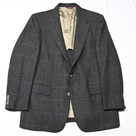 Vtg Bespoke 44L Brown‎ Windowpane Tweed Wool Mens Blazer Sport Coat Jacket